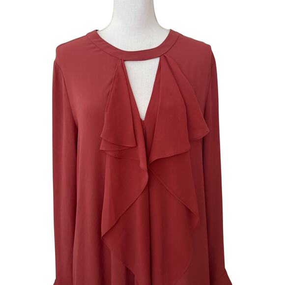 BCBGMAXAZRIA Dusty Rose Mauve Flowy Cascading Ruffle Tunic Dress Size Large - Picture 10 of 10